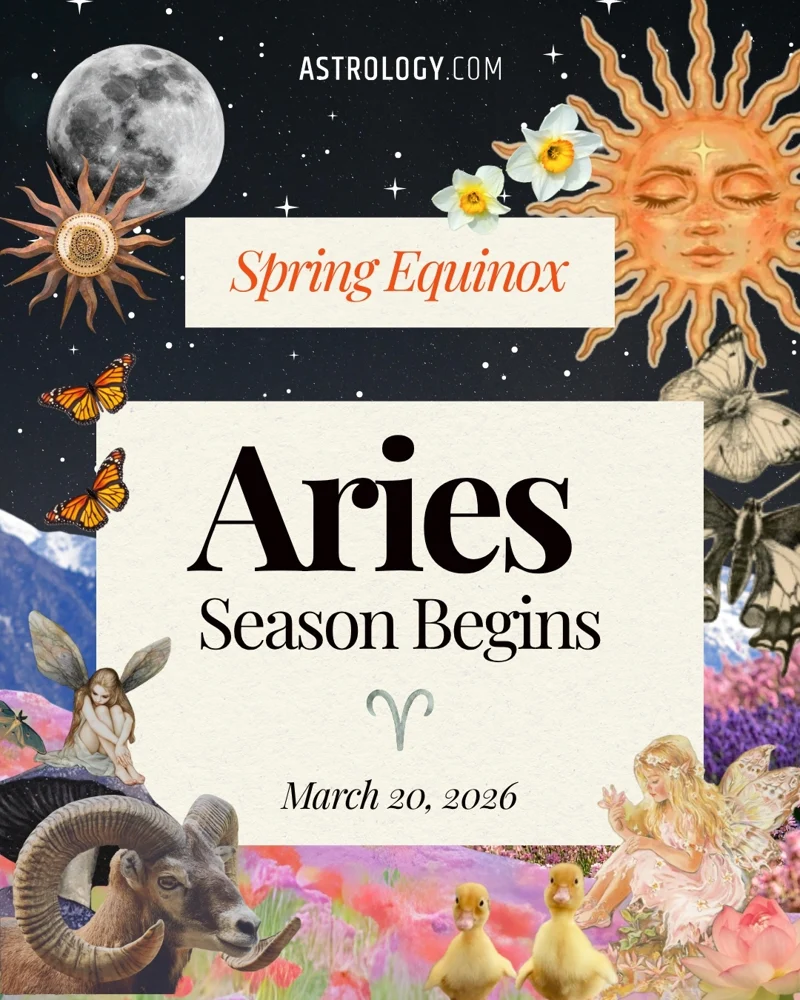 Slide 1: Spring Equinox, Aries Season Begins, March 20, 2026, set against a night sky and spring collage of a ram, ducklings, fairies, sun and moon