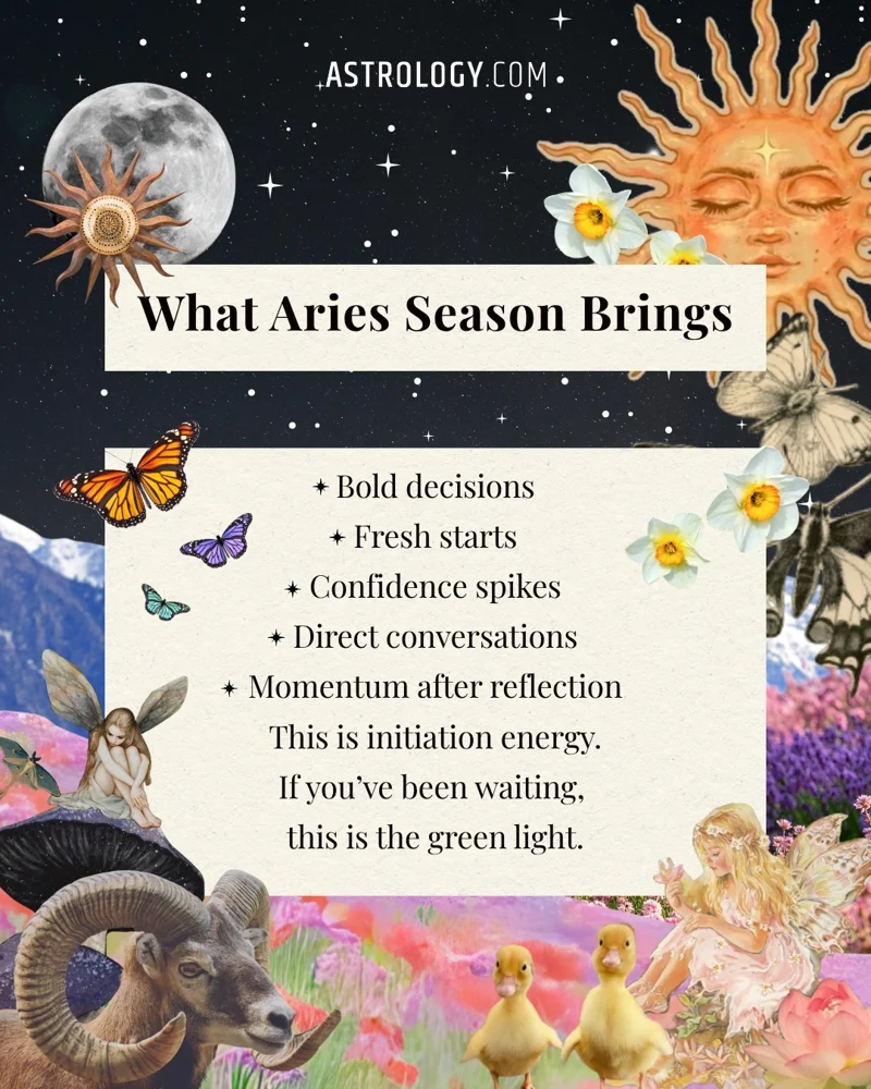 Slide 3: What Aries Season Brings, a list from bold decisions to momentum after reflection