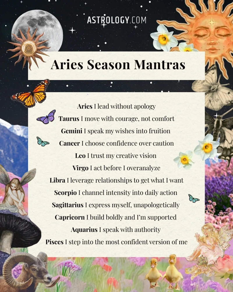Slide 4: Aries Season Mantras, one affirmation for each zodiac sign