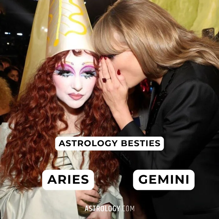 Astrology Besties slide pairing Aries and Gemini over a whispering Grammys photo