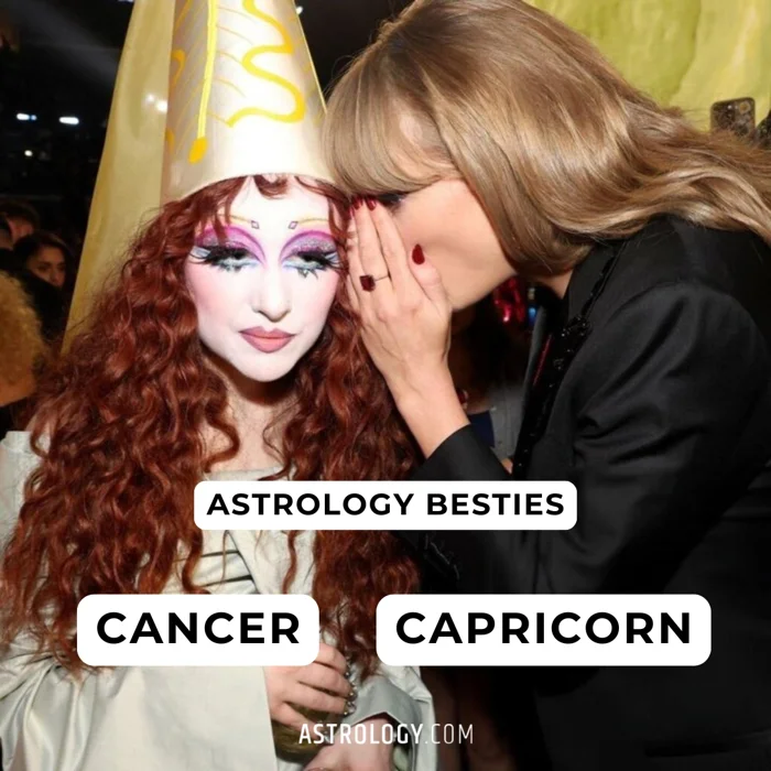 Astrology Besties slide pairing Cancer and Capricorn over a whispering Grammys photo