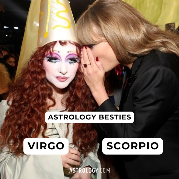 Astrology Besties slide pairing Virgo and Scorpio over a whispering Grammys photo