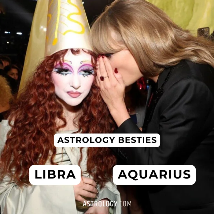 Astrology Besties slide pairing Libra and Aquarius over a whispering Grammys photo