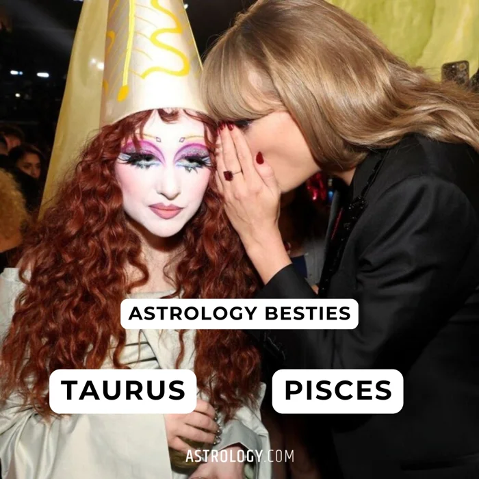 Astrology Besties slide pairing Taurus and Pisces over a whispering Grammys photo
