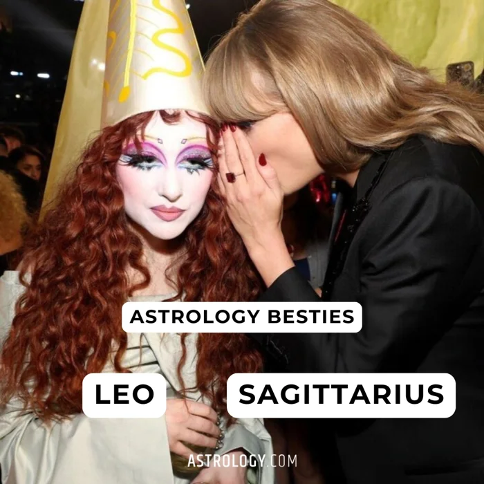 Astrology Besties slide pairing Leo and Sagittarius over a whispering Grammys photo