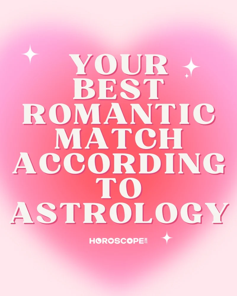Slide 1: Your Best Romantic Match According to Astrology, in bold cream type over a glowing pink heart