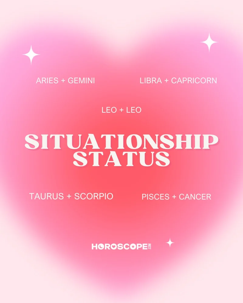 Slide 2: Situationship Status, pairing Aries and Gemini, Libra and Capricorn, Leo and Leo, Taurus and Scorpio, Pisces and Cancer