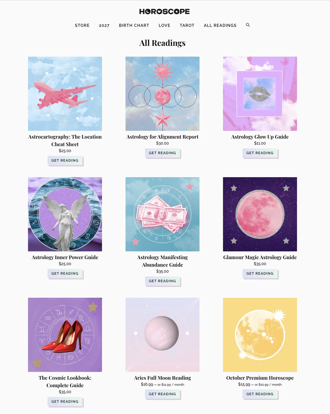 Grid of astrology reading cover illustrations on Horoscope.com