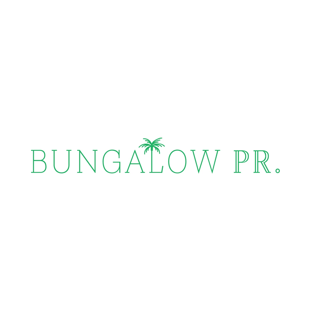 Bungalow PR logo in green inline serif letters with a palm tree rising from the A