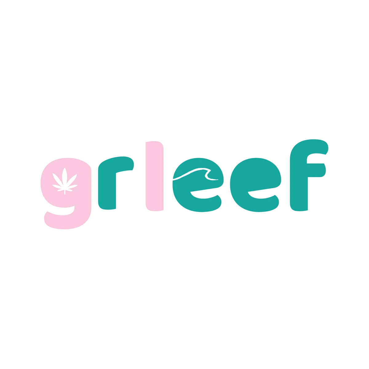 grleef logo in pink and teal rounded letters with a leaf in the g and a wave in the e