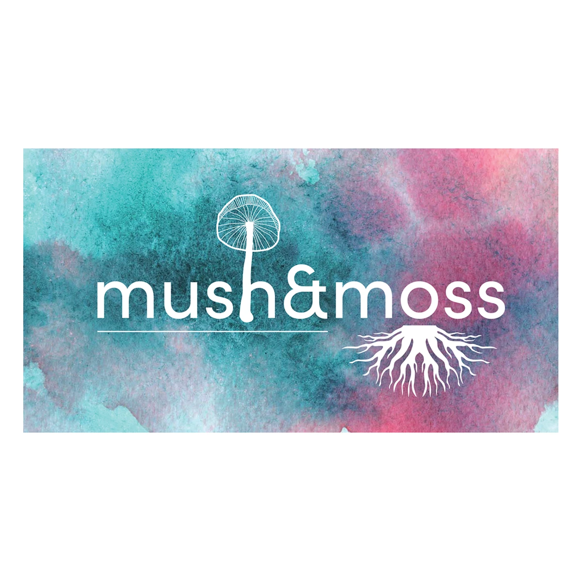 mush&moss logo in white over a teal and pink watercolor wash, with a mushroom and roots