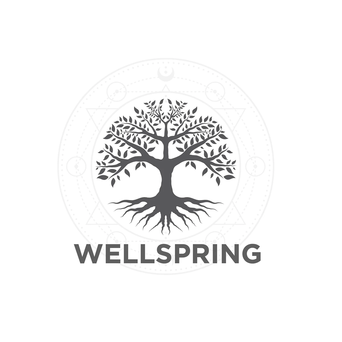 Wellspring logo: a gray tree of life with roots over faint sacred geometry