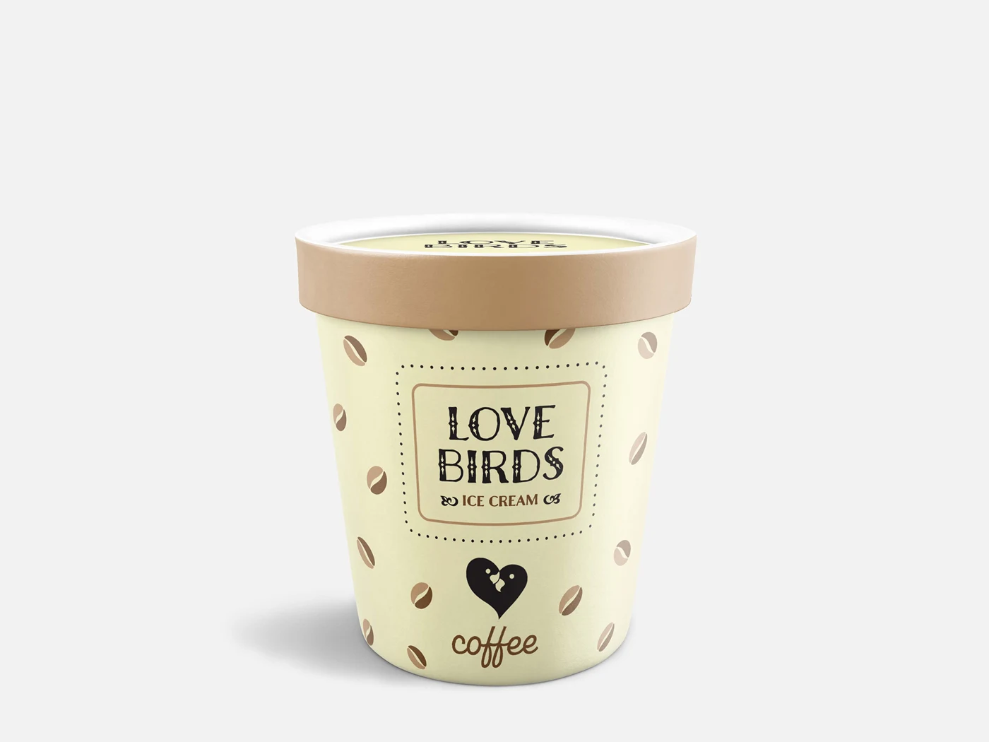 Love Birds coffee pint with a coffee-bean pattern, tan lid and heart-shaped love-birds logo