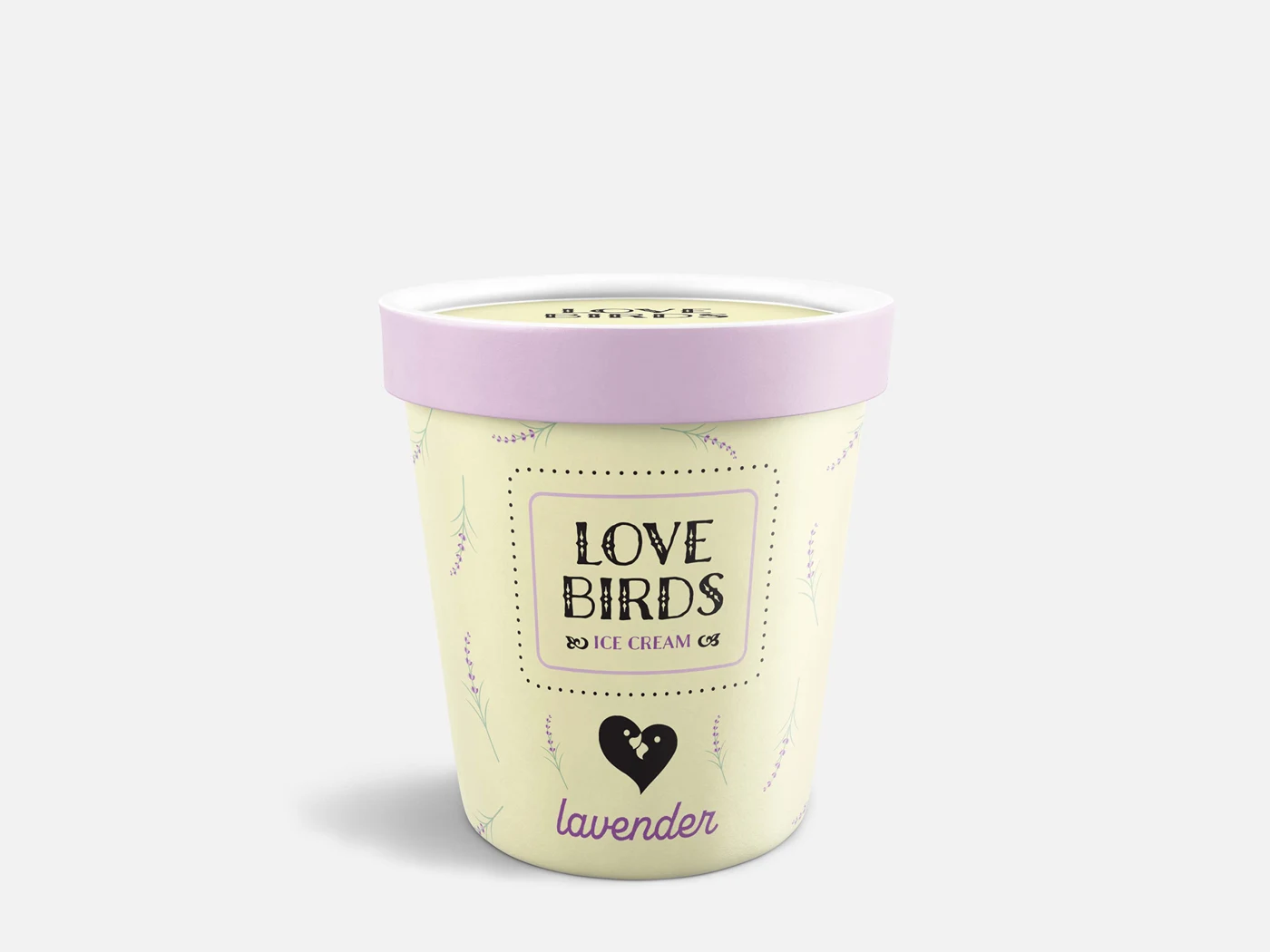 Love Birds lavender pint with a lavender-sprig pattern and lilac lid