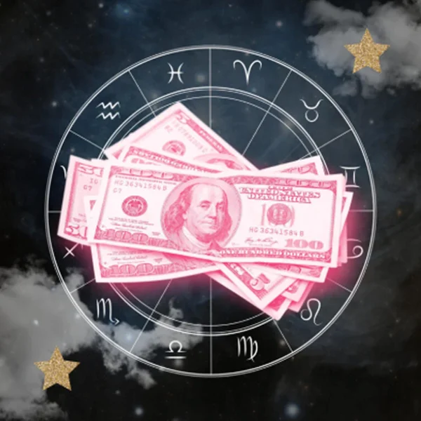 Astrology Manifesting Abundance Guide cover: Glowing pink cash inside a zodiac wheel