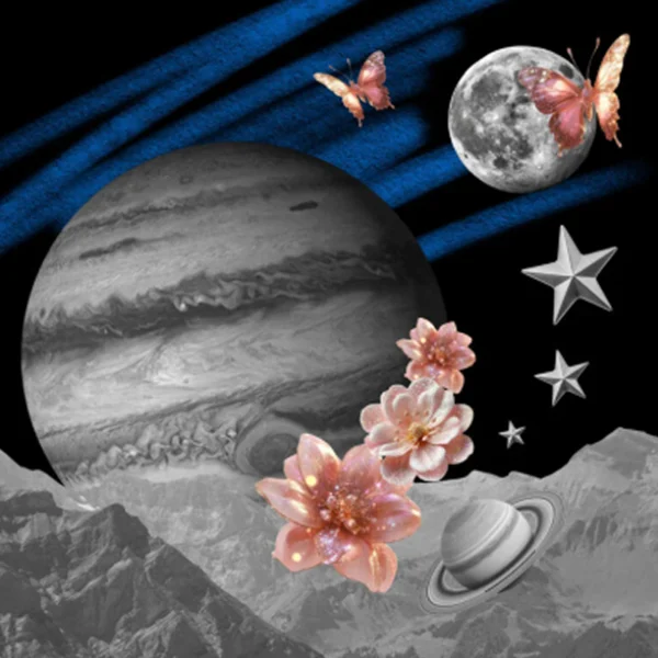 Astrology Glow Up Guide cover: Jupiter, moon, butterflies and pink flowers over mountains