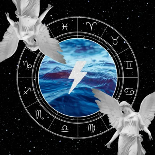 Astrology Inner Power Guide cover: Angel statues around a zodiac wheel with a lightning bolt over the sea