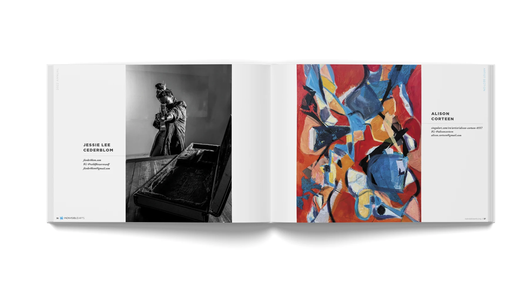 Inside spread of the Indivisible Arts 2022 Annual with artist features for Jessie Lee Cederblom and Alison Corteen