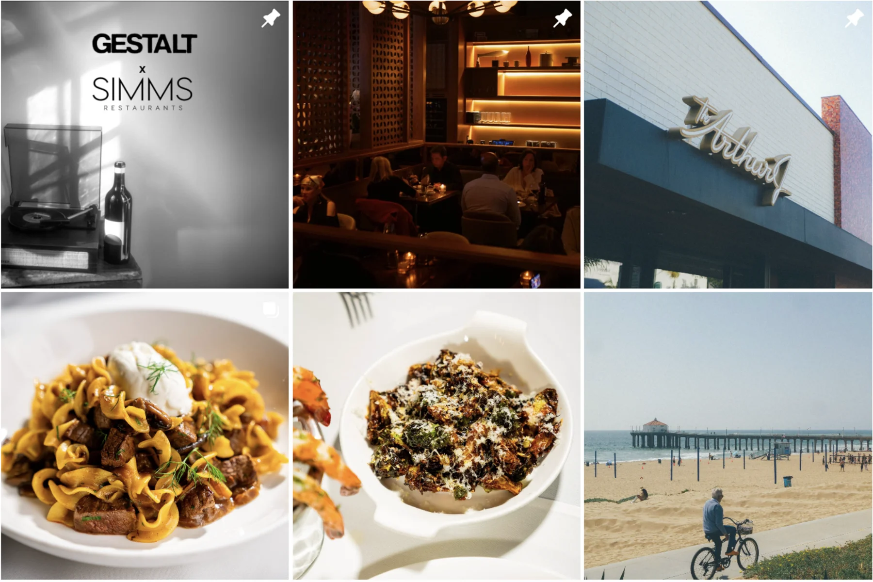 Grid of six restaurant Instagram posts: Gestalt x Simms Restaurants, a candlelit dining room, The Arthur J sign, egg noodles with beef, crispy brussels sprouts, and the Manhattan Beach pier