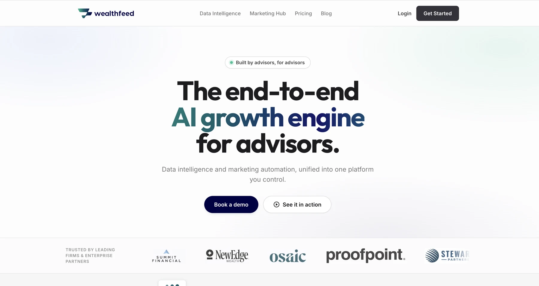 WealthFeed homepage hero for financial advisors