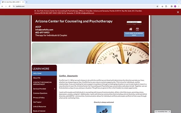 The original zoefolts.com homepage: a maroon header and sidebar menu of links, a stock compass banner and dense text