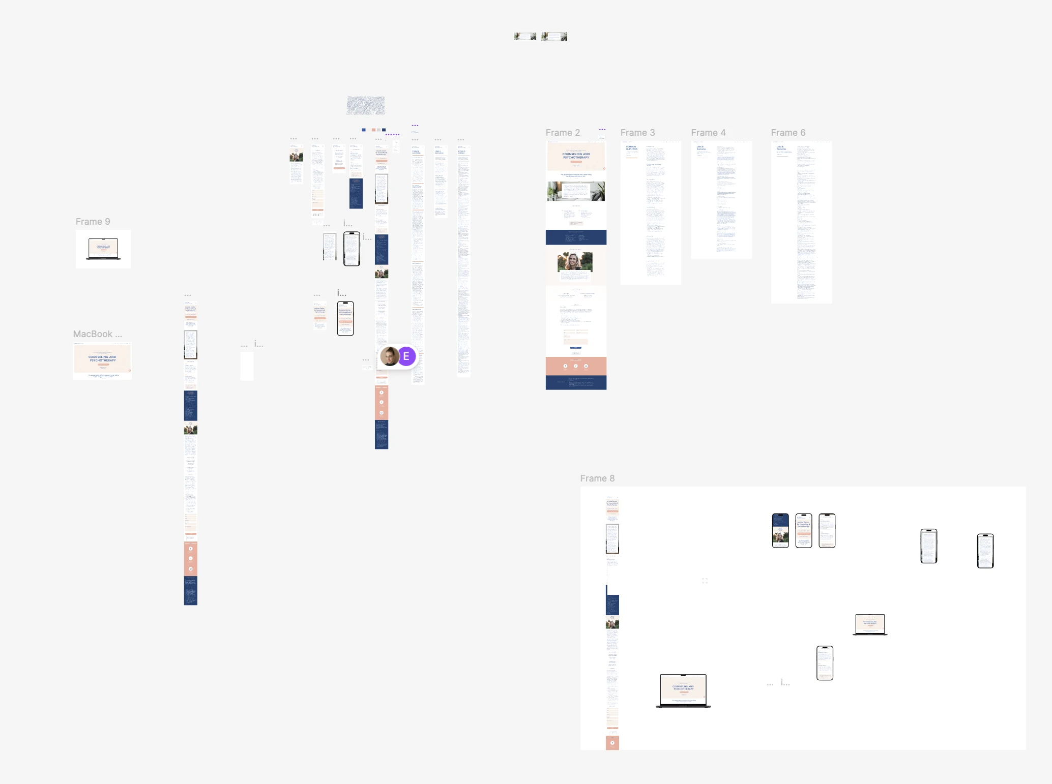 Erin’s Figma canvas for the Zoe Folts redesign: wireframes, long-scroll homepage drafts, content pages, phone and laptop mockups, and the final homepage frames