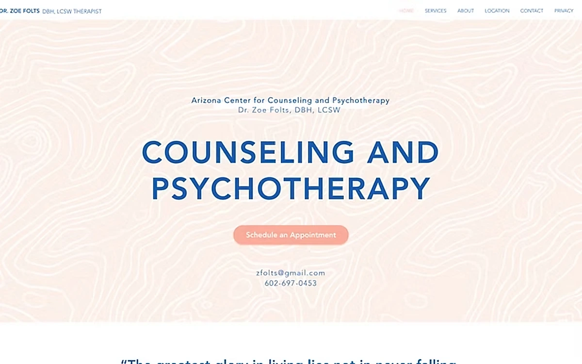 Final Zoe Folts desktop homepage: Counseling and Psychotherapy headline over a soft peach topographic pattern, with a Schedule an Appointment button