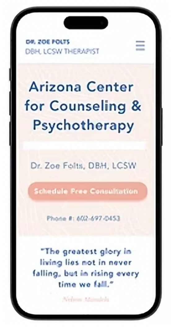 Final Zoe Folts mobile homepage in a phone frame: Arizona Center for Counseling and Psychotherapy with a Schedule Free Consultation button